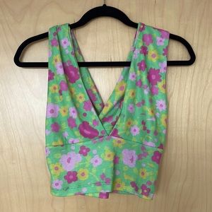 Shein green flower floral print cross-back halter top